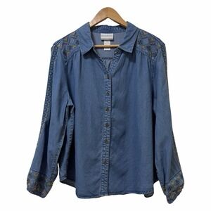 Alfred Dunner Womens Sunset Canyon Embroidered Button Up Shirt Size XLP Blue